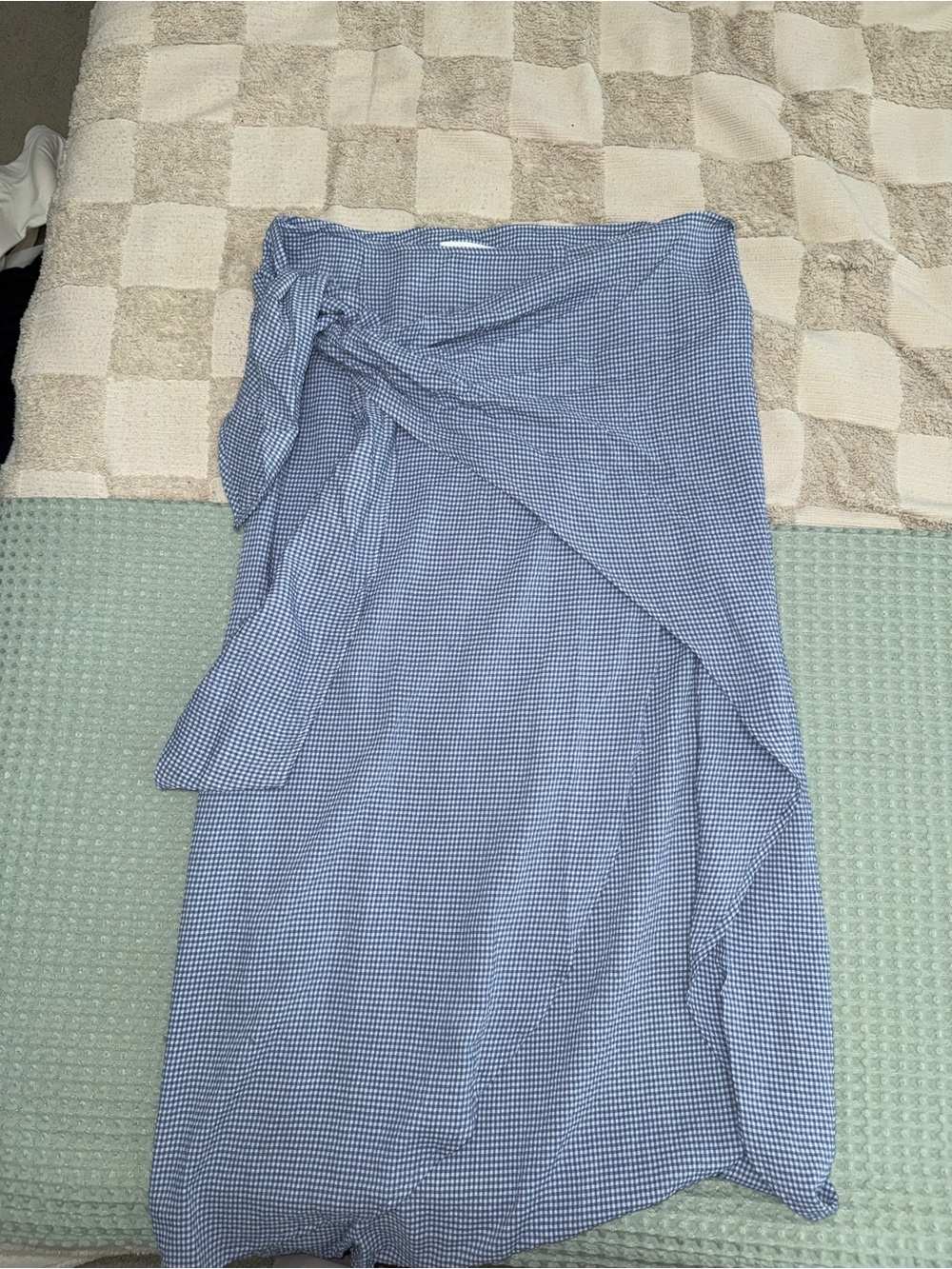 Miou Muse Light Blue Gingham Wrap Skirt Midi Draped Tie Detail Womens Size M NWT